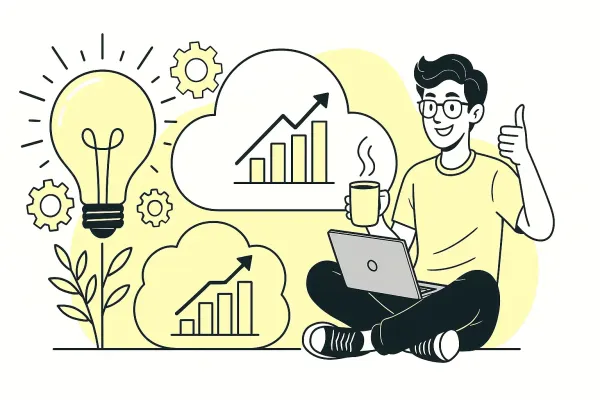 Homme travaille, graphiques montants, idée lumineuse, satisfait.