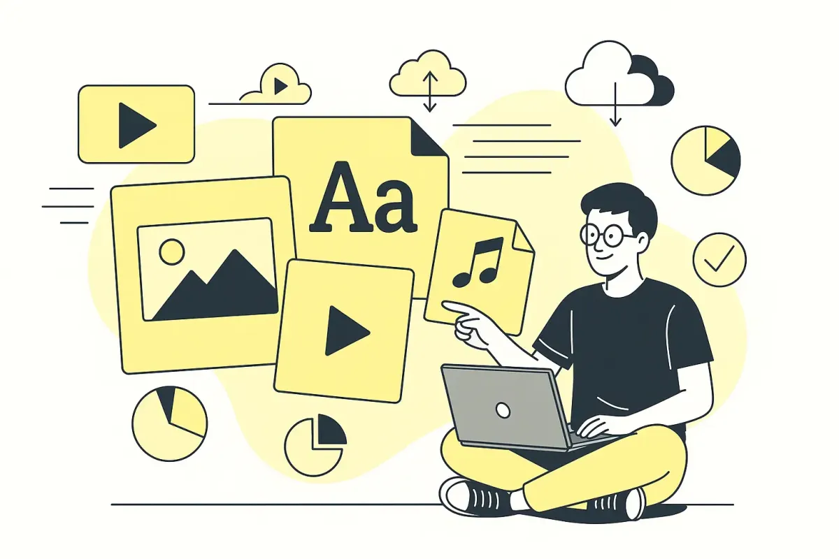 Homme utilisant ordinateur pour gérer fichiers multimédias.