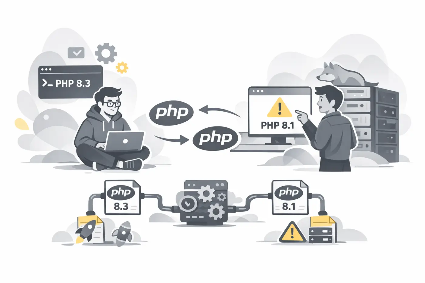 « PHP >= 8.2 requis » alors que ton terminal est en 8.3 : oui, tu as deux PHP