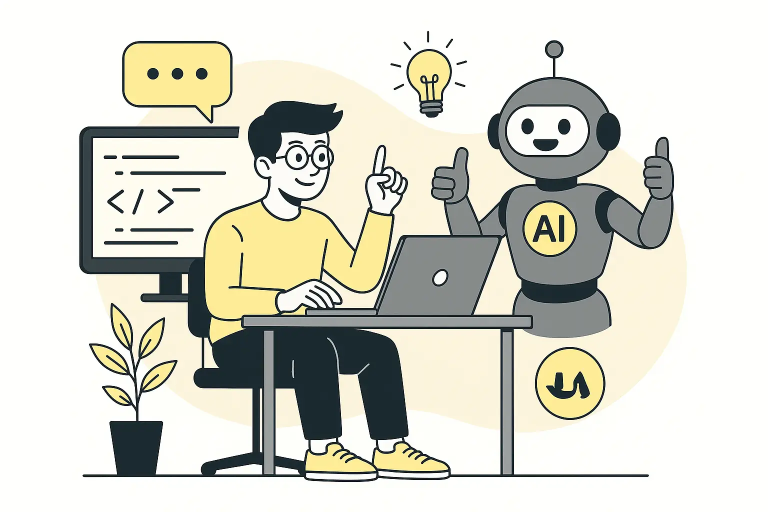 Programmation assistée par AI et humain collaborant joyeusement.