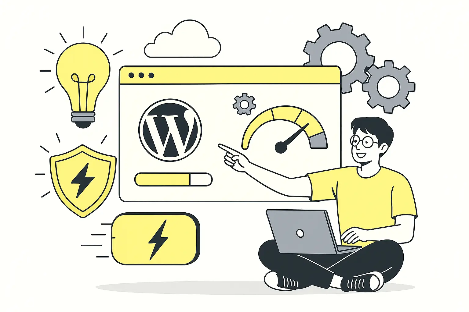 Optimisation WordPress avec ordinateur et icônes technologiques.