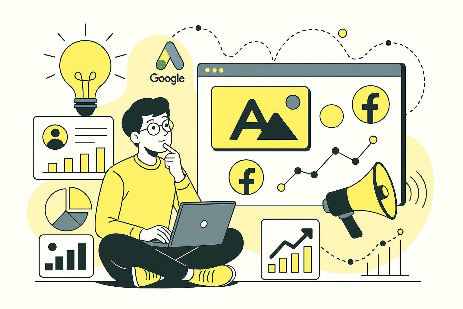 Homme réfléchit stratégie marketing numérique graphique.